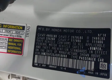 2018 Honda Clarity Plug-In Hybrid Touring из США, поврежденный, VIN JHMZC5F33JC018990